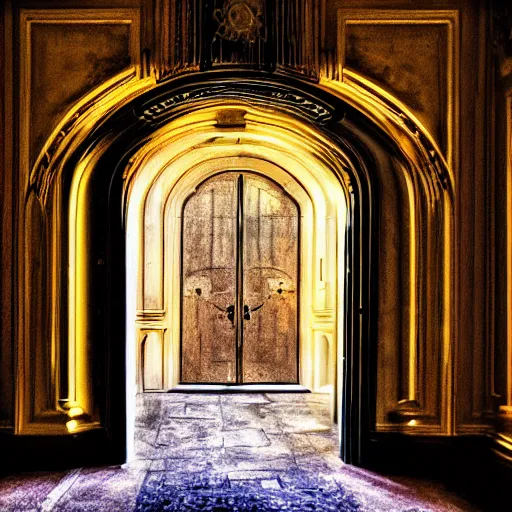 Image similar to a portal to new universe inside of an ornate door frame, wide angle, golden light, rainbows, vortex, 1 6 : 9,