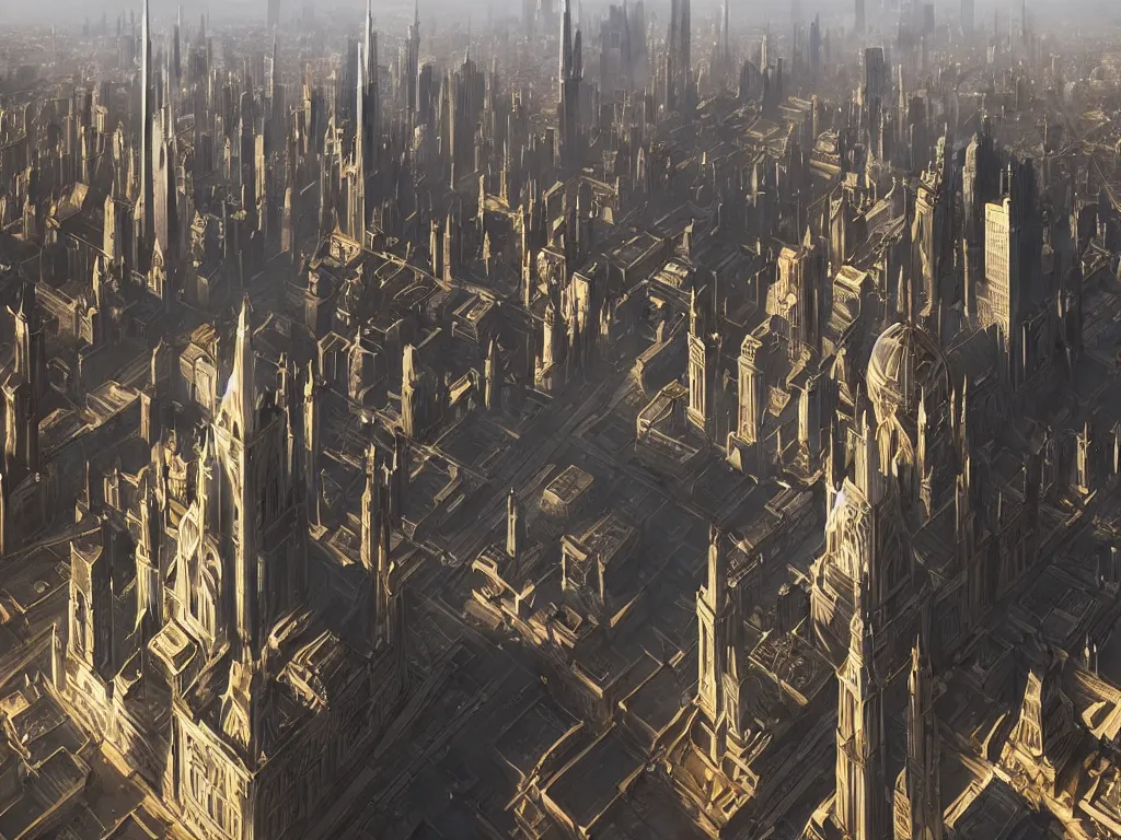 Prompt: big empty city with six extremely tall spiking towers, by artgerm and greg rutkowski and alphonse mucha, global illumination, hyperrealistic, volumetric lighting, epic cinematic shot, perfectly defined features, ambient occlusion