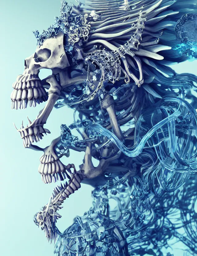 Image similar to 3 d goddess skeleton macro close - up portrait with crown made of ram skull. betta fish, jellyfish phoenix, bioluminiscent fire, plasma, ice, water, wind, creature, super intricate ornaments artwork by tooth wu and wlop and beeple and greg rutkowski