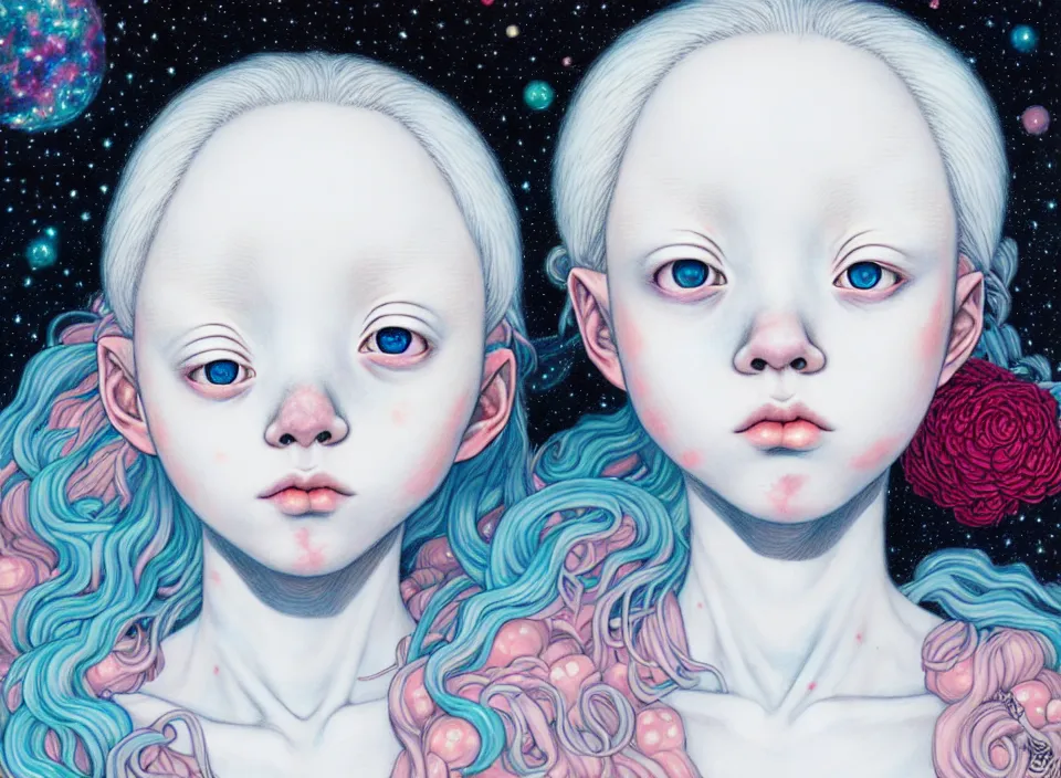 Prompt: portrait of the albino girl with starry eyes, hikari shimoda, james jean, cosmic, manga,anime