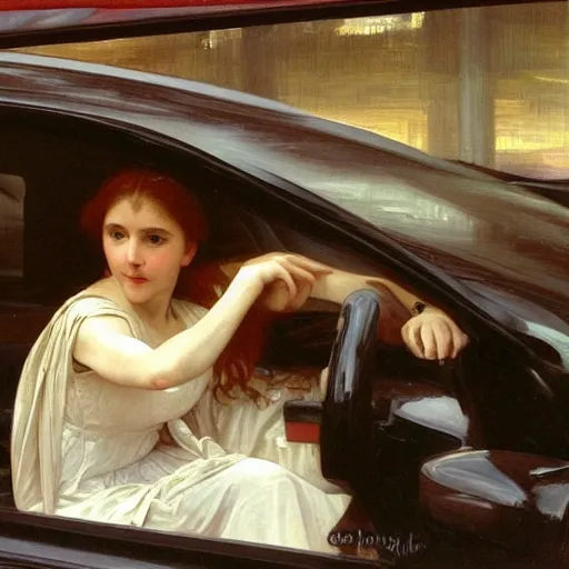 Prompt: an oil painting of an angel driving a car in a restaurant drive through, interior view, by Bouguereau, highly realistic and intricate