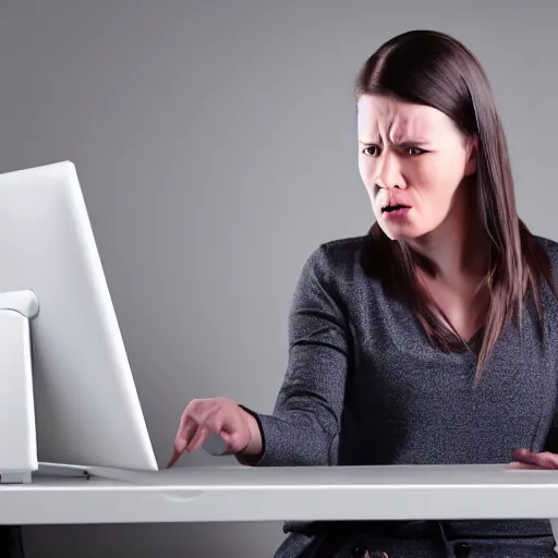 Image similar to angry woman looking at monitor typing on keyboard photo dramatic lighting from behind