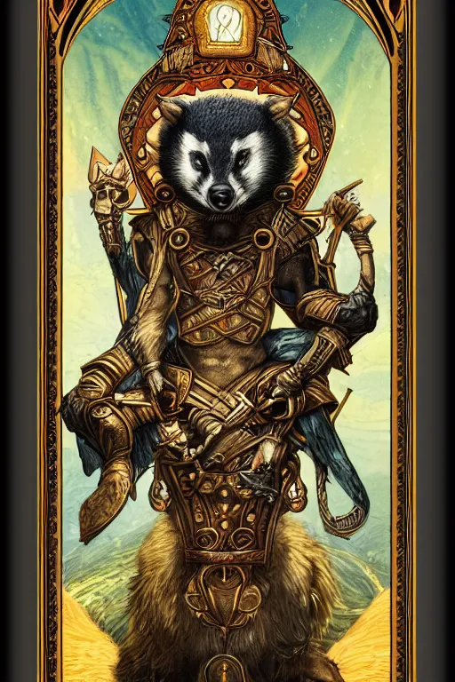 Image similar to tarot card illustration of the card the badger hierophant, framed in an elaborate rectangular border, tarot card, detailed illustration, badgers, furry art, artstation, 4 k