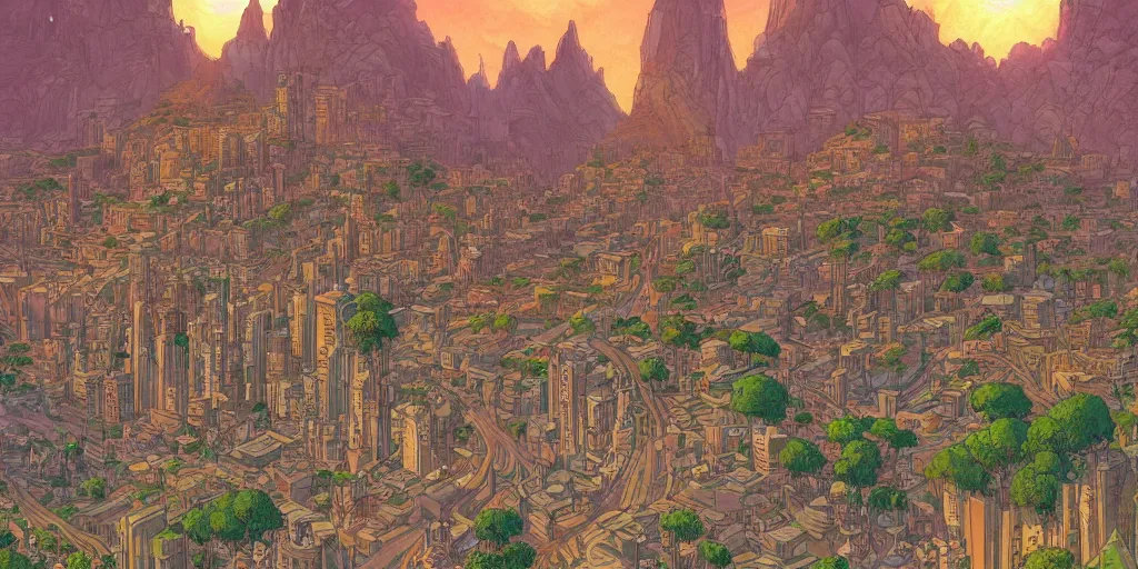 Prompt: an african city in a valley bordered by a fortress on the mountain side with three towers, multicolored spirits flying in the skies, comics art, cinematic volume lighting, 4k, illustration, epic scene, trending on artstation, art by ghibli moebius