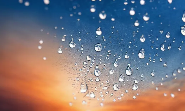 Image similar to beautiful picture of many big raindrops floating quietly in a sunny blue sky, hot and sunny highly-detailed, elegant, dramatic lighting, artstation, 4k, cinematic landscape, photograph by National Geographic