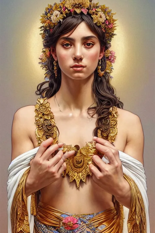 Image similar to body portrait of beautiful greek goddess, wearing an ornate toga with intricate floral patterns, by terry o'neill intricate, elegant, highly detailed, digital painting, glistening skin, artstation, concept art, smooth, sharp focus, bold lighting, illustration, art by artgerm and greg rutkowski and alphonse mucha, 8 k