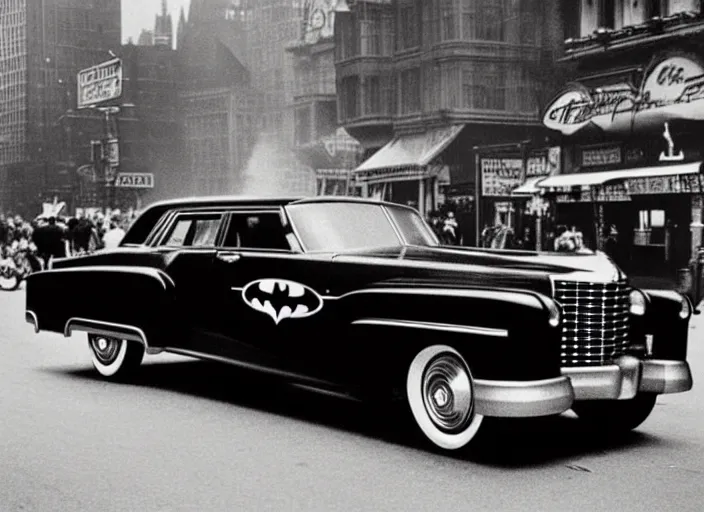 Prompt: vintage photo of batman driving a cadillac series 6 2 styled batmoblie, by norman bel geddes, on the streets of gotham