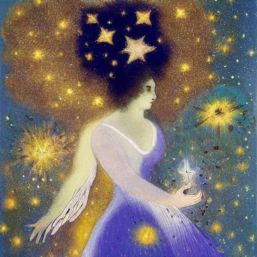 Prompt: The experimental art features a woman with wings made of stars, surrounded by a blue and white night sky. The woman is holding a staff in one hand, and a star in the other. She is wearing a billowing white dress, and her hair is blowing in the wind. violet by Mordecai Ardon, by Ivan Shishkin turbulent, earthy