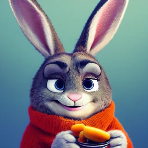 Image similar to portrait of a super cute bunny, eating a carrot, pixar, zootopia, cgi, blade runner. trending on artstation, smiling, friendly