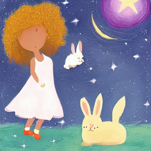 Prompt: girl and rabbit sleeping against a stars