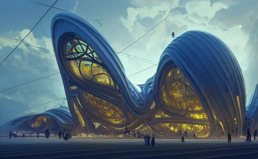 Image similar to exterior shot of utopian architecture transparent building with cinematic lighting by zaha hadid and renzo piano, darek zabrocki and greg ruthkowski, alphonse mucha, simon stalenhag, cinematic, stars, beautiful, holy place, paradise, scifi, futurism, atmospheric, concept art, artstation, trending on artstation