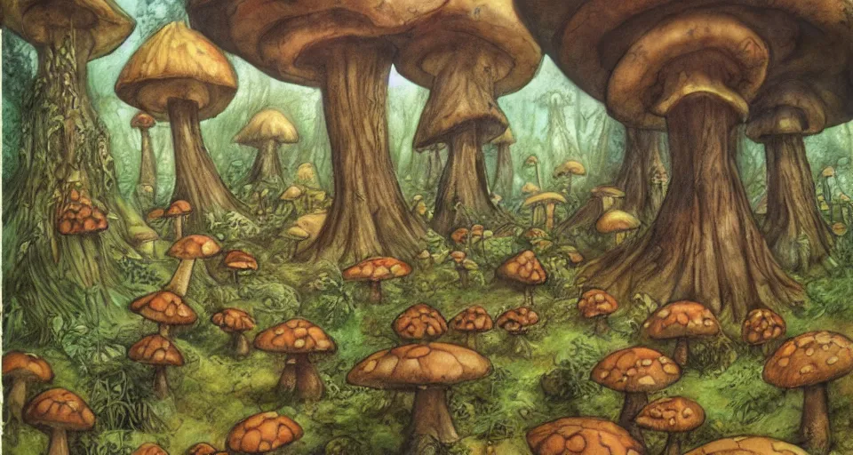 Prompt: A tribal village in a forest of giant mushrooms, by Brian Froud