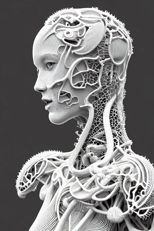 Image similar to bw 3 d render, hyper detailed, stunning beautiful biomechanical albino female cyborg with a porcelain profile face, angelic, beautiful natural soft rim light, big leaves and stems, roots, fine foliage lace, alexander mcqueen, art nouveau fashion embroidered, steampunk, silver filigree details, hexagonal mesh wire, mandelbrot fractal, elegant, 1 9 3 0