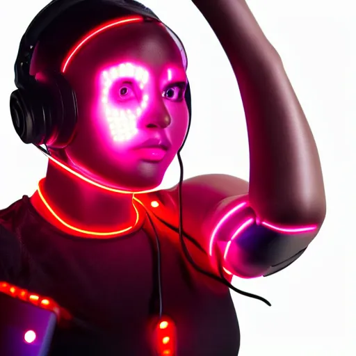 Prompt: cybernetic faceless female warrior with glowing red headphones