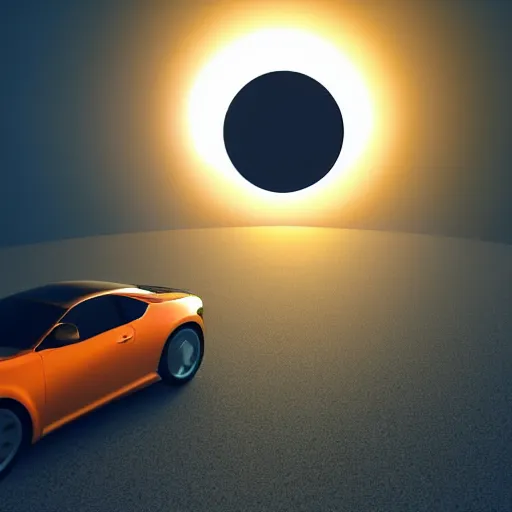 Image similar to a car is flying in front of a bright orange sun, a raytraced image by Mārtiņš Krūmiņš