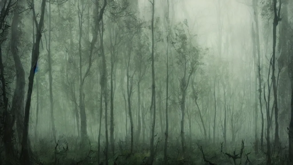 Prompt: lush but gloomy forest, Nazgul, horrors, decay, digital art by Ruan Jia, Rudolf Béres, James Zapata, Jamey Jones