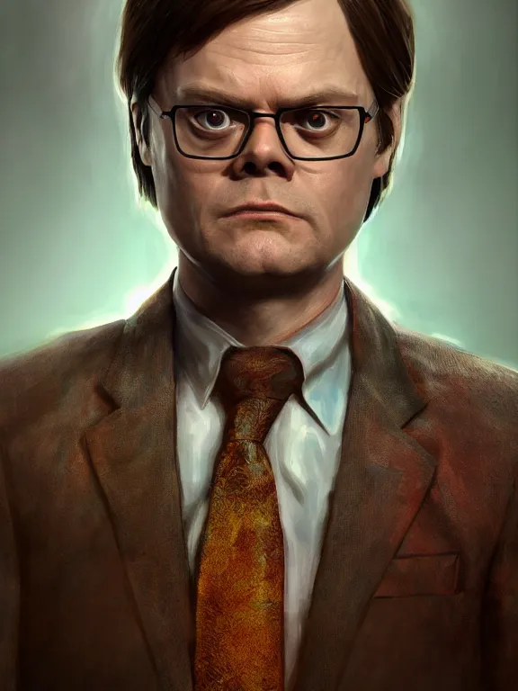 Prompt: portrait art of dwight schrute 8 k ultra realistic, lens flare, atmosphere, glow, detailed, intricate, full of colour, cinematic lighting, trending on artstation, 4 k, hyperrealistic, focused, extreme details, unreal engine 5, cinematic, masterpiece