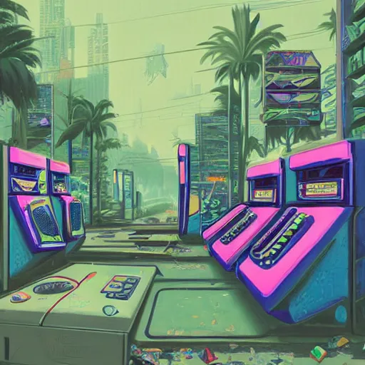 Image similar to a painting of an abandoned video game system, vaporwave arcade, weeds, cyberpunk art by Chris LaBrooy and james gurney, behance contest winner, auto-destructive art, dystopian art, apocalypse landscape, apocalypse art