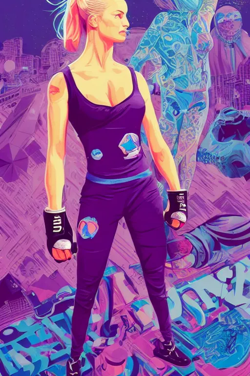 Prompt: a blonde woman mma fighter stands in fighting pose, a shadowy man towers behind her, purple and blue palette, tristan eaton, victo ngai, artgerm, rhads, ross draws