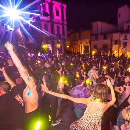 Image similar to disco party, strobo lights, millennials dancing, z generation, dj set, the square of an italian small town with stairs, high definition, hyper realistic, full details