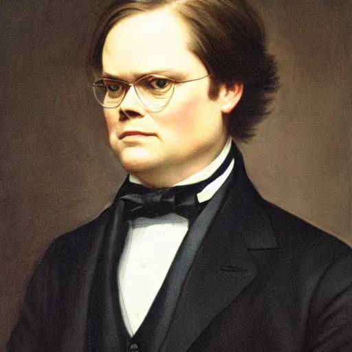 Image similar to portrait of dwight schrute wearing a tuxedo and smirking, as painted by augustus edwin mulready