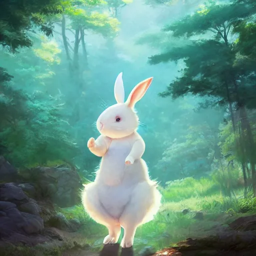 Image similar to concept art painting of a chubby white rabbit wearing a turquoise dress, in the deep forest, realistic, detailed, cel shaded, in the style of makoto shinkai and greg rutkowski and james gurney