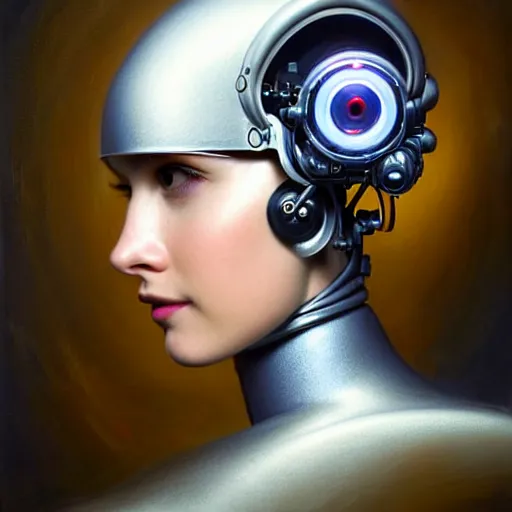 Image similar to portrait of the beautiful young robotic pilot of jets, surreal, fantasy, intricate, mechanical, elegant, dramatic lighting, emotionally evoking symbolic metaphor, highly detailed, gears, lifelike, photorealistic, digital painting, painterly, artstation, concept art, smooth, head in focus, sharp focus, background aerial battle, illustration, art by John Collier and Krenz Cushart and Artem Demura and Alphonse Mucha and Albert Aublet,