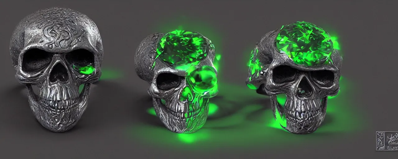 Image similar to simple magic ring of poison, skull, skulls, teeth, green, black, purple. smooth shank, crystals, engravings, product design, jewelry, colorful, art by gerald brom, greg rutkowski and artgerm, photo realism, unreal engine, c 4 d