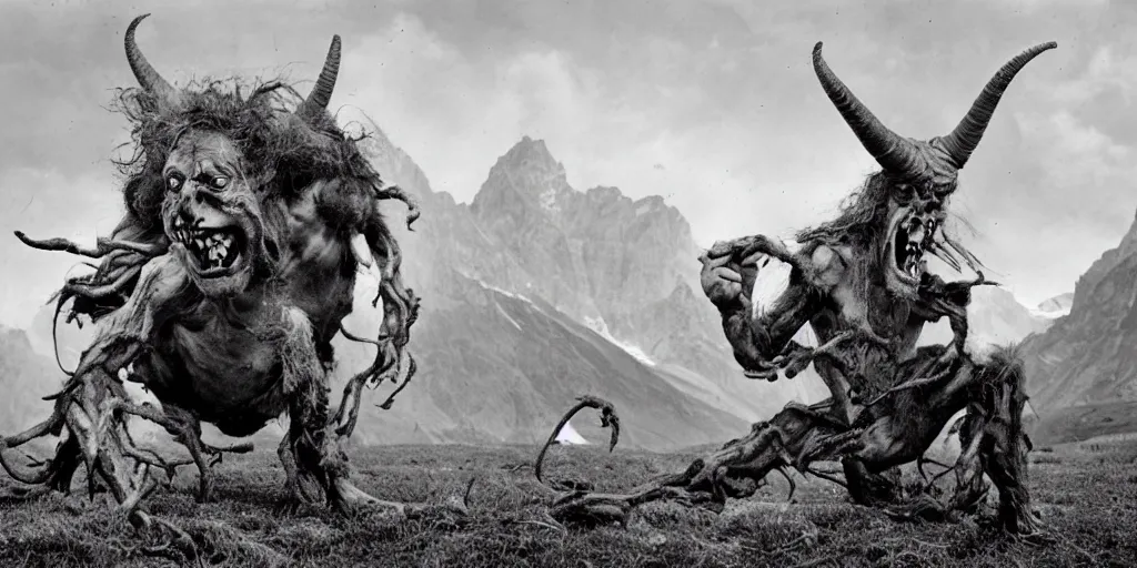 Prompt: historical sharp 4 k photograph of a man turning into a grotesque monster with goathorns and roots growing from his face in a pasture in the alps