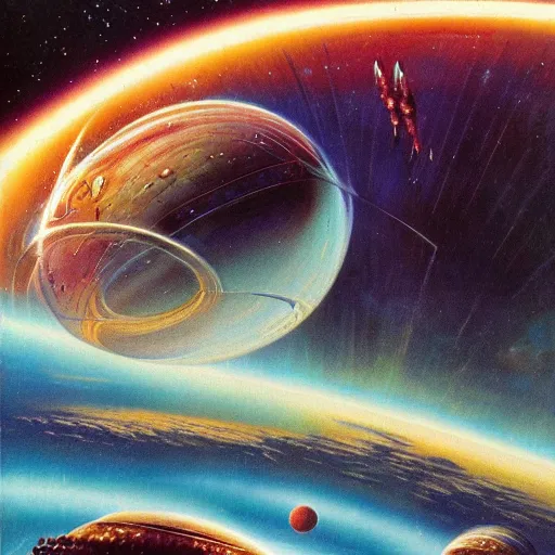 Prompt: space freighter flying into a wormhole by Bruce Pennington