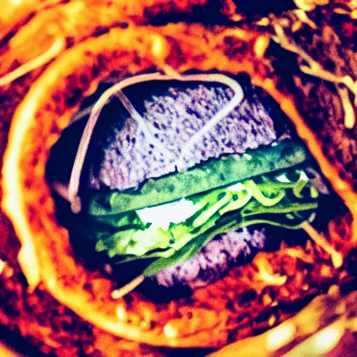 Prompt: hamburger, inside space, 5 0 mm, crop, detailing, in the style of arstation, 8 k, focus on space