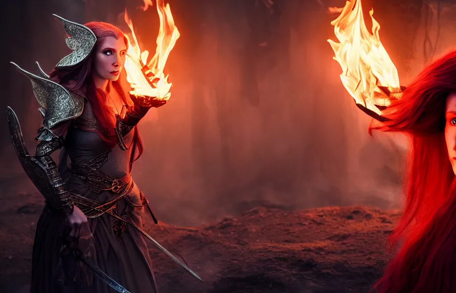 Image similar to 8 k uhd an elven priestess with grey eyes and red hair wearing an armor and casting a fire spell in a dungeon,