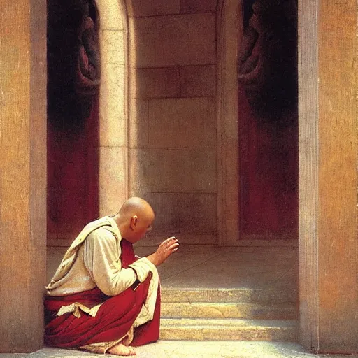 Image similar to highly detailed potrait of blind folded buddhist monk praying like jesus, painting by gaston bussiere, craig mullins, j. c. leyendecker, lights, art by ernst haeckel, john william godward, hammershøi,