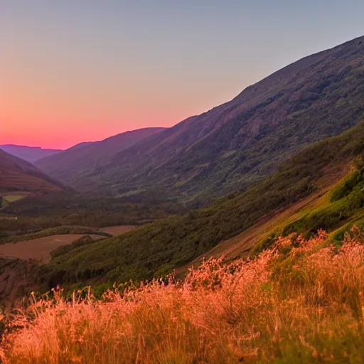 Prompt: award winning photo of a beautiful valley with the sun setting in the distance.