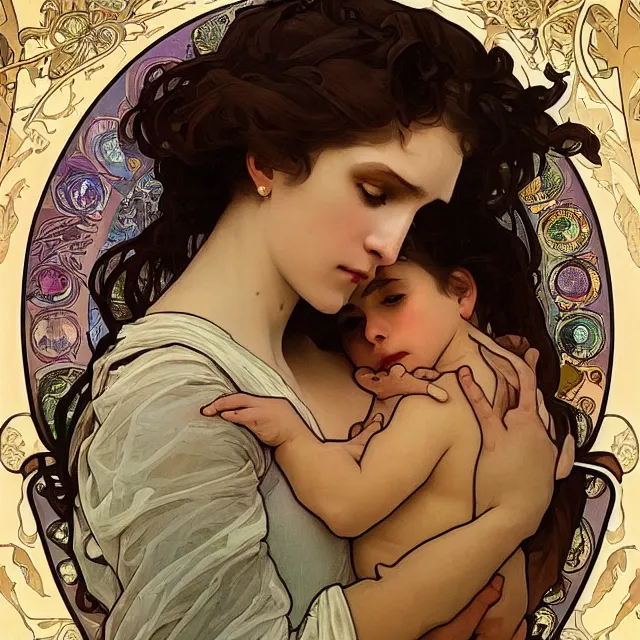 Prompt: an aesthetic! detailed portrait of an aesthetic woman crying mournfully while holding a child, by alphonse mucha, oil on canvas, bright colors, art nouveau, epic composition, dungeons and dragons fantasy art, hd, god - rays, ray - tracing, crisp contour - lines, huhd - 8 k