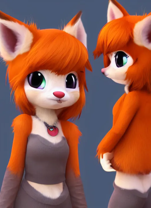 Image similar to female furry mini cute style, character adoptable, highly detailed, rendered, ray - tracing, cgi animated, 3 d demo reel avatar, style of maple story and zootopia, maple story fox girl, orange fox, dark skin, cool clothes, soft shade, soft lighting