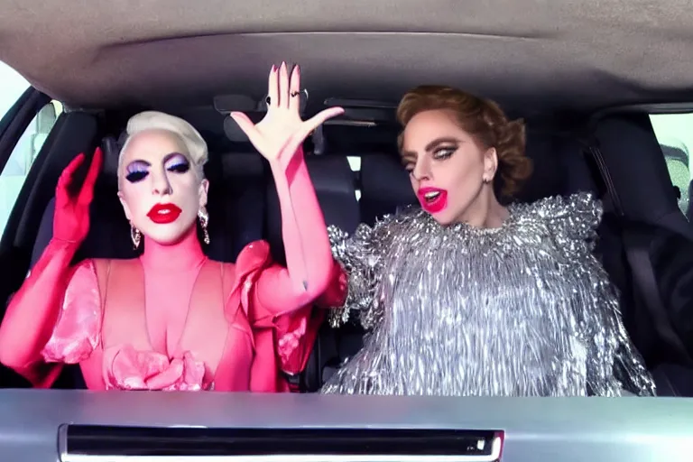 Prompt: lady gaga and judy garland carpool karaoke, highly realistic, highly detailed, high resolution, 8 k 4 k,