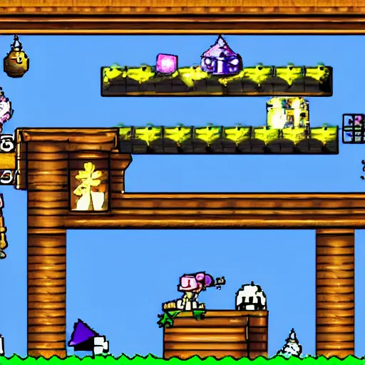 Image similar to Screenshot of a game boy advance platforming game featuring a witch