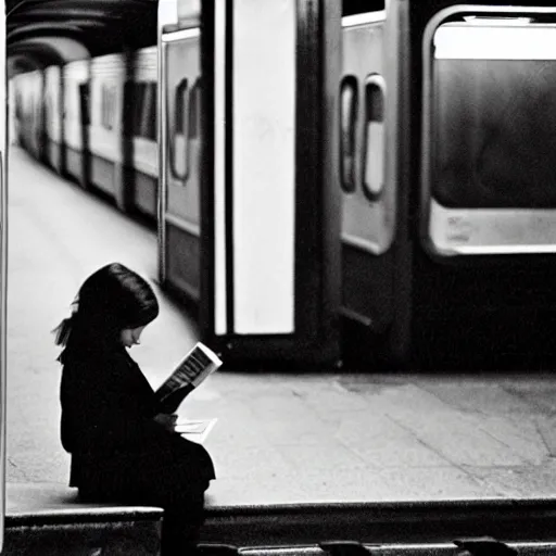 Image similar to “ girl reading a book in the new york city subway, photograph by henri cartier - bresson ”