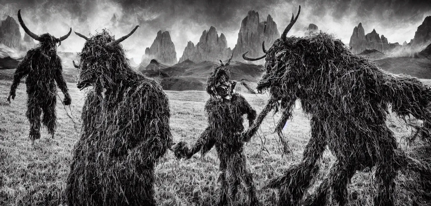 Prompt: mysterious scene of tyrolean farmer transforming into hay krampus monster with horns, dolomites in background, 3 5 mm double - exposure photo, german expressionism, noir, slightly colorful, photorealistic, detailed smoke, natural textures, depth of field, ambient occlusion, hd, volumetric, chromatic aberration by richard ave