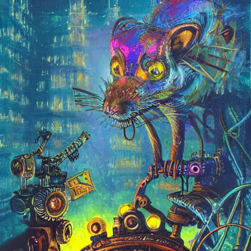 Image similar to steampunk rat, acid, 303, psychedelic, by paul lehr