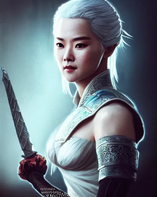 Image similar to Zhang Ziyi as Ciri from Witcher 3 by Artgerm and Greg Rutkowski, wearing haute couture by schiaparelli, sharp focus, sun rays, intricate, elegant, highly detailed, digital painting, masterpiece.