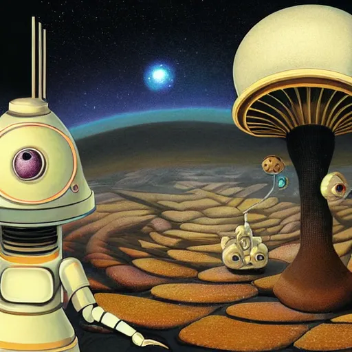 Image similar to On the morning of the robot queen's coronation, The Mekanik Doll, an elderly mushroom walking their pet snail, Mount Fuji seen from the International Space Station, the theme of Alice in Wonderland, digital painting, concept art, illustration, deep dark, artstation, intricate, beautiful and thematically complex, ue5, by deiv calviz and bossmonsterbani