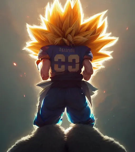 Image similar to highly detailed portrait of super saiyan cooper kupp football, unreal engine, fantasy art by greg rutkowski, loish, rhads, ferdinand knab, makoto shinkai and lois van baarle, ilya kuvshinov, rossdraws, tom bagshaw, global illumination, radiant light, detailed and intricate environment