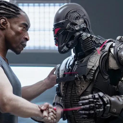 Image similar to the predator plays an intense life or death game of rock paper scissors against robocop, hyper detailed, high resolution, 8k UHD