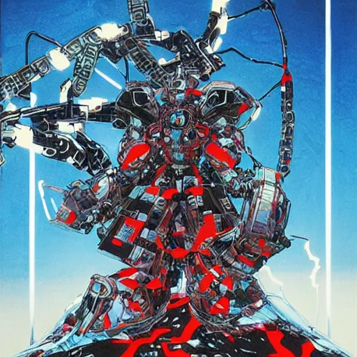 Image similar to a fullmetal neon robot crosses the infinity tori gates between reality and simulation, hanafuda oil on canvas by ivan shishkin, james jean and yoji shinkawa