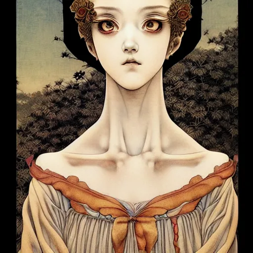 Image similar to prompt: Portrait painted in renaissance style drawn by Katsuhiro Otomo and Takato Yamamoto, inspired by Fables, china doll face, smooth face feature, intricate oil painting, high detail, sharp high detail, manga and anime 2000