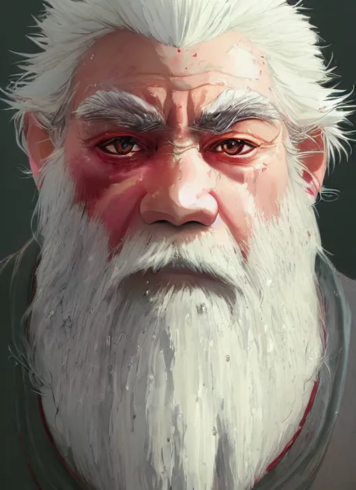 Prompt: dwarf with white hair, bright red iris, long beard, pale snow white skin, full body character portrait, colorful, intricate detailed, digital art by studio ghibli and greg rutkowski and takehiko inoue