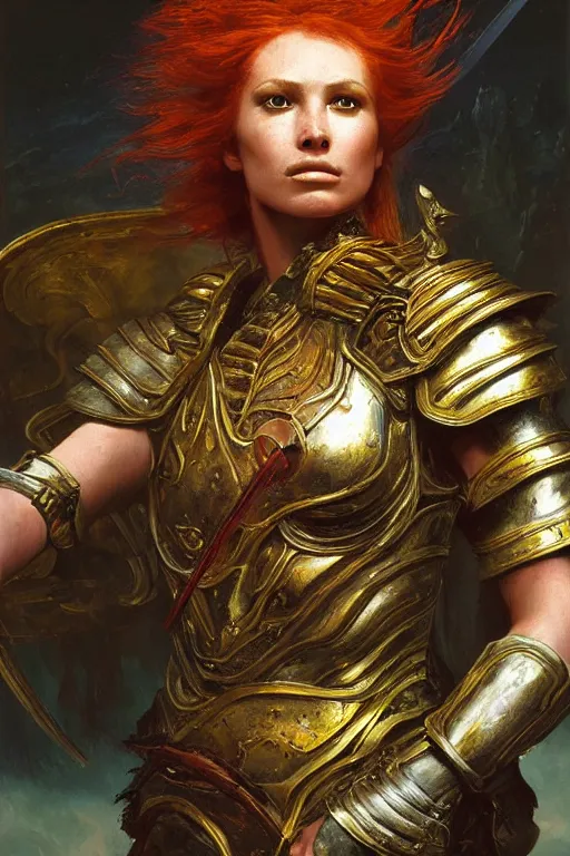 Image similar to beautiful female warrior, half body portrait, ginger hair, ornate armour, in a dynamic pose, realistic oil painting by Thomas Cole and Wayne Barlowe