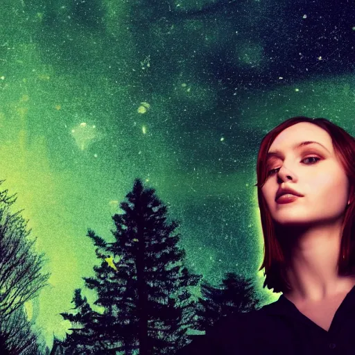 Prompt: an hd photo of a young woman with short brown hair, green eyes, beautiful trees in the background, night sky with multicolor stars and galaxies, trending on artstation